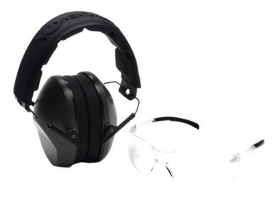 Pyramex Safety Adult Low-Profile Earmuffs and Scratch-Resistant Protective Eyewear Kit, 24 dB Reduction, Clear Lens/Gray Muffs