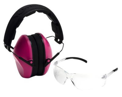 Pyramex Safety Adult Low-Profile Earmuffs and Scratch-Resistant Protective Eyewear Kit, 24 dB Reduction, Clear Lens/Pink Muffs