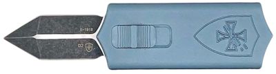 Templar Knife 1.88 in. Sentinel Money Clip OTF Dagger, Black Oxide Stonewashed Powder-Coat D2 Steel Blade, Blue Anodized Handle