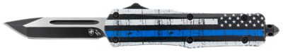 Templar Knife 2.69 in. Small Gen II Back The Blue OTF Tanto Knife, Plain Black Oxide 440C SS Blade, Black/White Aluminum Handle