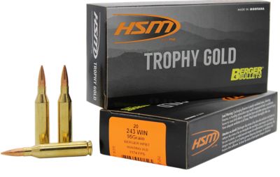 HSM Trophy Gold Extended Range .243 Win 95-Grain Berger Hunting VLD Match Rifle Ammunition, 20 Rounds