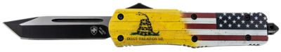 Templar Knife 3.5 in. Gen II Don't Tread On Me Large OTF Tanto Folding Knife, Black SS Blade, Yellow with Flag Aluminum Handle
