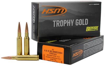 HSM Trophy Gold Extended Range 6.5x55mm Swedish 130-Grain Berger Hunting VLD Match Rifle Ammunition, 20 Rounds