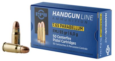 PPU 7.65x21mm Parabellum 93-Grain Full Metal Jacket Handgun Ammunition, 50 Rounds
