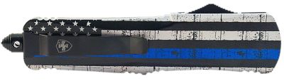 Templar Knife 3.5 in. Large Gen II Back The Blue OTF Dagger, Black Oxide Stonewashed 440C SS Blade, Black/White Aluminum Handle