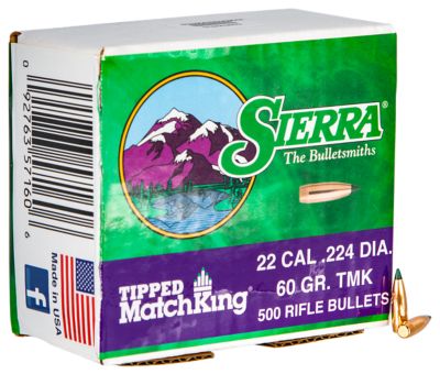 Sierra .22 Caliber 60-Grain Tipped MatchKing Reloading Rifle Bullets, 500 Rounds