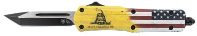 Templar Knife 2.69 in. Gen II Don't Tread On Me Small OTF Folding Knife, Black SS Blade, Yellow with Flag Aluminum Handle