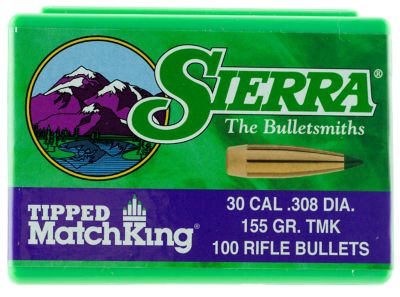 Sierra .30 Caliber 155-Grain Tipped MatchKing Reloading Rifle Bullets, 100 Rounds
