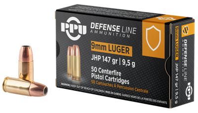 PPU Defense 9mm Luger 147-Grain Jacketed Hollow Point Handgun Ammunition, 50 Rounds