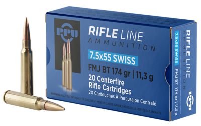 PPU Metric Rifle Line 7.5x55mm Swiss 174-Grain Full Metal Jacket Boat Tail Rifle Ammunition, 20 Rounds