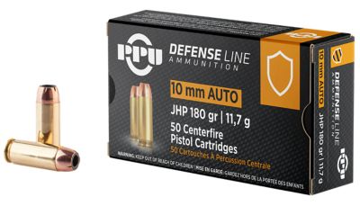 PPU Defense 10mm Auto 180-Grain Jacketed Hollow Point Handgun Ammunition, 50 Rounds