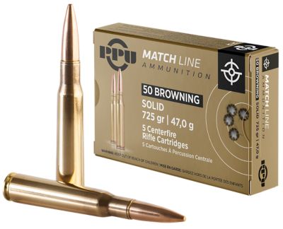 PPU Match .50 BMG 725-Grain Full Metal Jacket Solid Rifle Ammunition, 5 Rounds