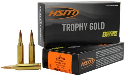 HSM Trophy Gold Extended Range .243 Win 87-Grain Berger Hybrid Tactical Open Tip Match Rifle Ammunition, 20 Rounds