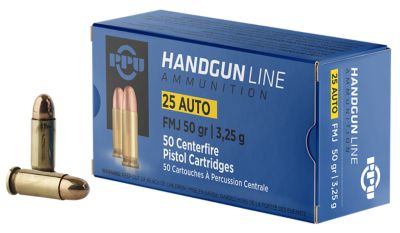 PPU .25 ACP 50-Grain Full Metal Jacket Handgun Ammunition, 50 Rounds