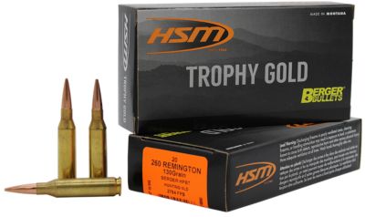 HSM Trophy Gold Extended Range .260 Remington 130-Grain Berger Hunting VLD Match Rifle Ammunition, 20 Rounds