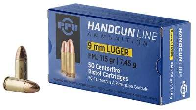 PPU 9mm Luger 115-Grain Full Metal Jacket Handgun Ammunition, 50 Rounds