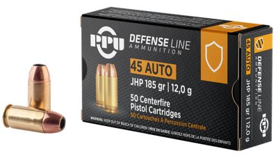 PPU Defense .45 ACP 185-Grain Jacketed Hollow Point Handgun Ammunition, 50 Rounds