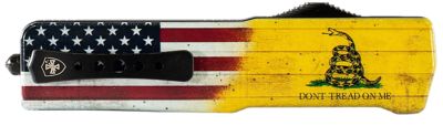 Templar Knife 3 in. Don't Tread On Me Premium Weighted Small Tanto Folding Knife, Part Serrated Blade, Yellow/Flag Handle