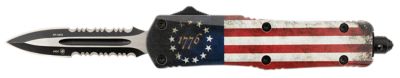 Templar Knife 2.75 in. Small Gen II Betsy Ross Flag OTF Dagger, Part Serrated 440C SS Blade, Aluminum Handle