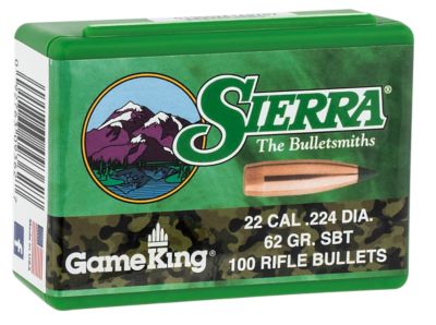 Sierra GameKing .22 Caliber 62-Grain Spitzer Boat Tail Reloading Rifle Bullets, 100 Rounds
