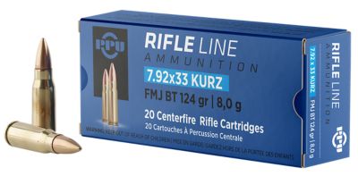 PPU Metric Rifle Line 7.9x33mm Kurz 124-Grain Full Metal Jacket Boat Tail Rifle Ammunition, 20 Rounds