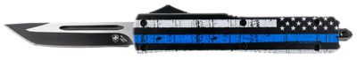 Templar Knife 3.43 in. Gen II Back The Blue Slim OTF Tanto Knife, Plain Black Oxide 440C SS Blade, Black/White Aluminum Handle