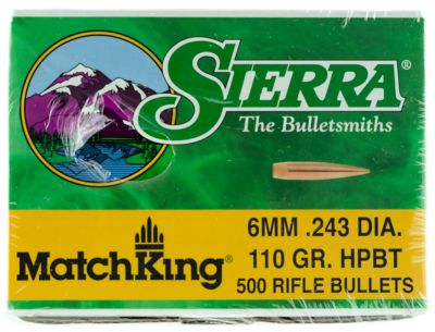 Sierra MatchKing 6mm 110-Grain Hollow Point Boat Tail Reloading Rifle Bullets, 500 Rounds