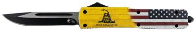 Templar Knife 3.5 in. Gen II Don't Tread On Me Slim OTF Drop Point Folding Knife, Black Blade, Yellow with Flag Aluminum Handle