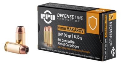 PPU Defense 9x18mm Makarov 95-Grain Jacketed Hollow Point Handgun Ammunition, 50 Rounds