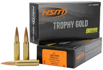 HSM Trophy Gold Extended Range .308 Win 185-Grain Berger Hunting VLD Match Rifle Ammunition, 20 Rounds