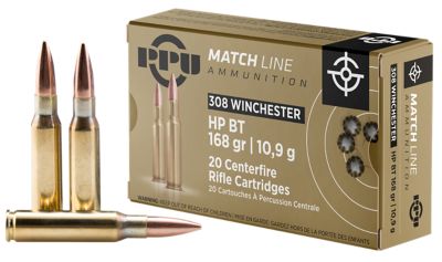 PPU Match .308 Win 168-Grain Hollow Point Boat Tail Rifle Ammunition, 20 Rounds