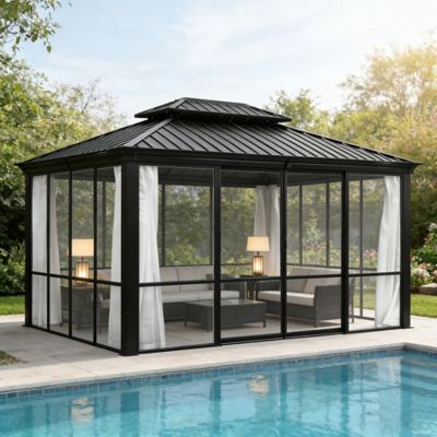 Veikous 12 x 14ft. Hardtop Sunroom Gazebo Solarium with Galvanized Steel Double Roof and Solid PC Panel Walls