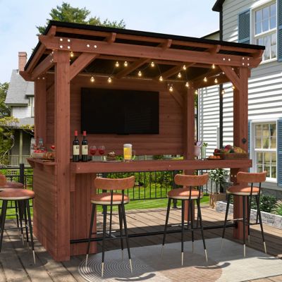 Veikous 8.5 ft. x 6 ft. Cedar Outdoor Gazebo Pergola Bar with Double-Sides Metal Sloped Roof and Storage Cabinet