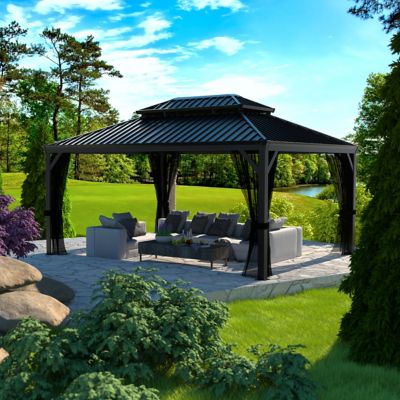 Veikous 14 ft. x 12 ft. Aluminum Double Hardtop Gazebo with Netting and Roof