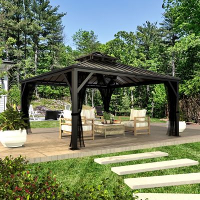 Veikous Aluminum Hardtop Gazebo with Netting and Double Roof for Outdoor