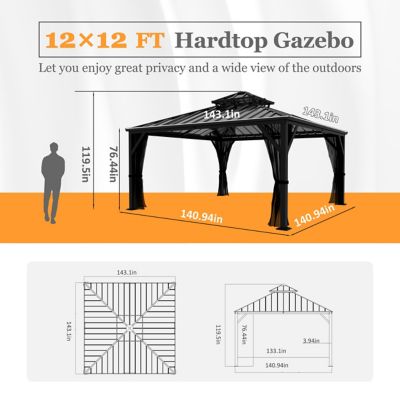 Image showing 5 th Veikous 12 x 12ft. Metal Double Hardtop Gazebo with Galvanized Steel Roof and Netting