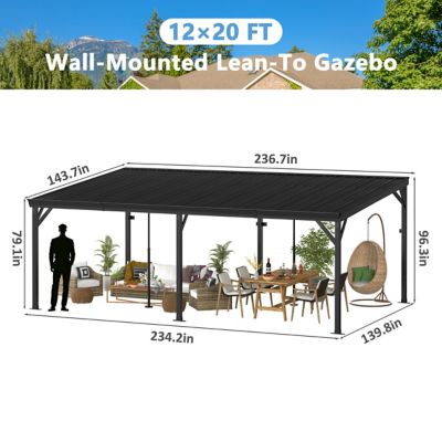Image showing  12 x 20ft. Metal Patio Covers with Sloped Roof Wall-Mount Gazebo Pergola