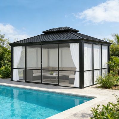 Veikous 12 x 14ft. Hardtop Sunroom Gazebo Solarium with Galvanized ...