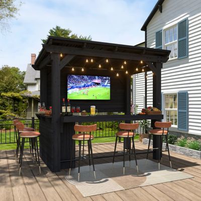 Veikous 8.5 x 6ft. Cedar Outdoor Gazebo Pergola Bar with Double-Sides Metal Sloped Roof and Storage Cabinet, Black