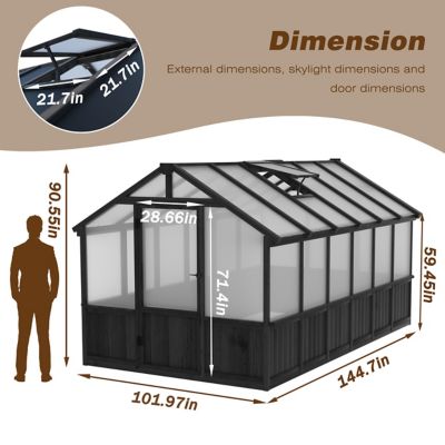 Image showing 7 th Veikous 8 x 12ft. Wooden Black Polycarbonate Greenhouse with Roof Vent for Outdoor