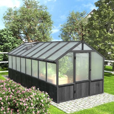 Veikous 8 W x 16 ft. D Black Wooden Polycarbonate Outdoor Plant Greenhouse with Adjustable Roof Vents