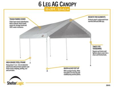 Image showing 6 th ShelterLogic 10 x 20 x 10 ft White 6 Leg AG Canopy
