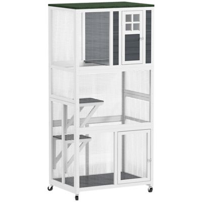 Pawhut 74 in. Wooden Catio Outdoor Cat Enclosure Weatherproof & Wheeled