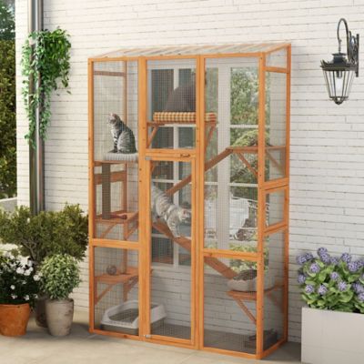 Image showing 1 th Pawhut Catio Outdoor Cat Enclosure, Large Wooden Cat House