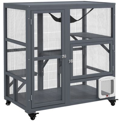 Pawhut Indoor Wooden Catio, Cat House Cat Enclosure on Wheels