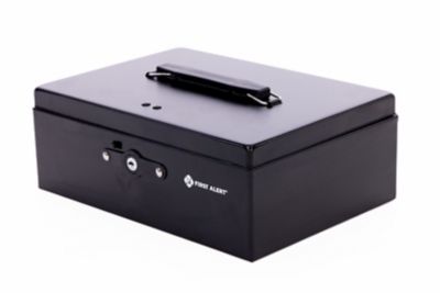 First Alert Locking, Security Cash Box, Made From Powder Coated Steel, Removable 7 Compartment Cash Tray.