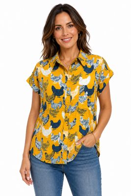 Cotton and Rye Short Sleeve Hen Print Camp Shirt