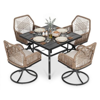 Nuu Garden 5 pc. Outdoor Dining Set with Swivel Wicker Chairs and Square Slat Table