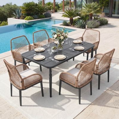 Nuu Garden 7 pc. Outdoor Dining Set with Wicker Chairs and Large Slat Table