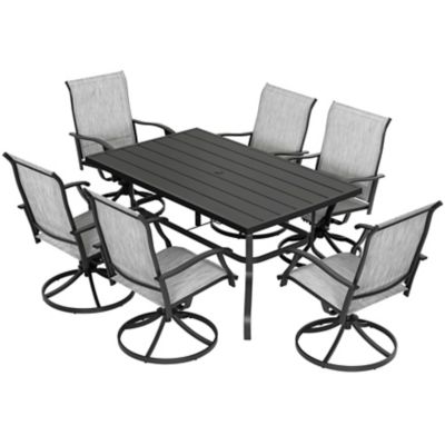 Nuu Garden 7 pc. Outdoor Dining Set with Textilene Swivel Chairs and Rectangular Table with Umbrella Hole